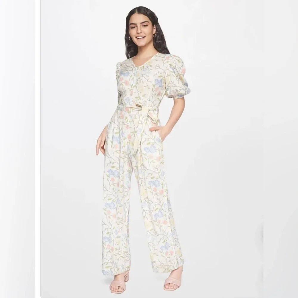AND Puff-Sleeve Floral Straight Leg Jumpsuit Short Sleeve size 8